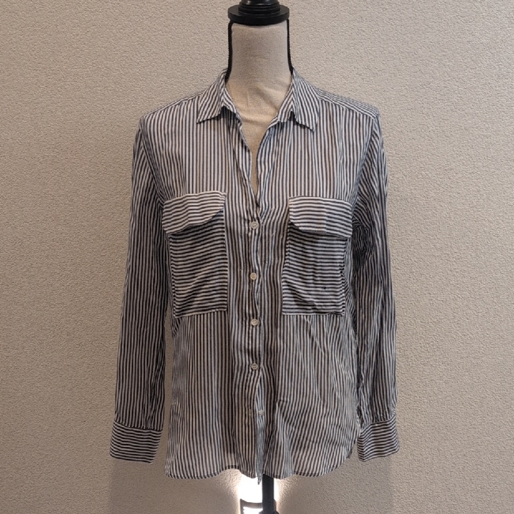Zara Navy and White Striped Button Down Shirt - Picture 1 of 6